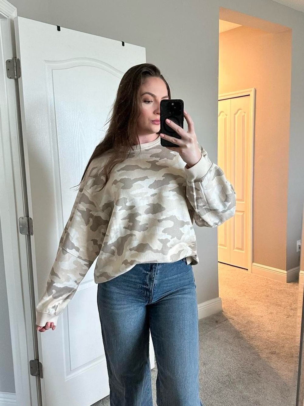 AERIE - Beige Camo Women's Pullover Sweatshirt - Casual Crewneck Top